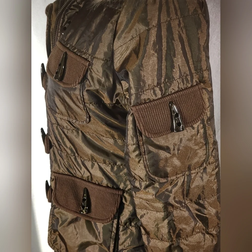 Tulle Anthropologie Brown Button Front Furry Hood Women's Puffer Coat Parka Smal - Picture 8 of 12